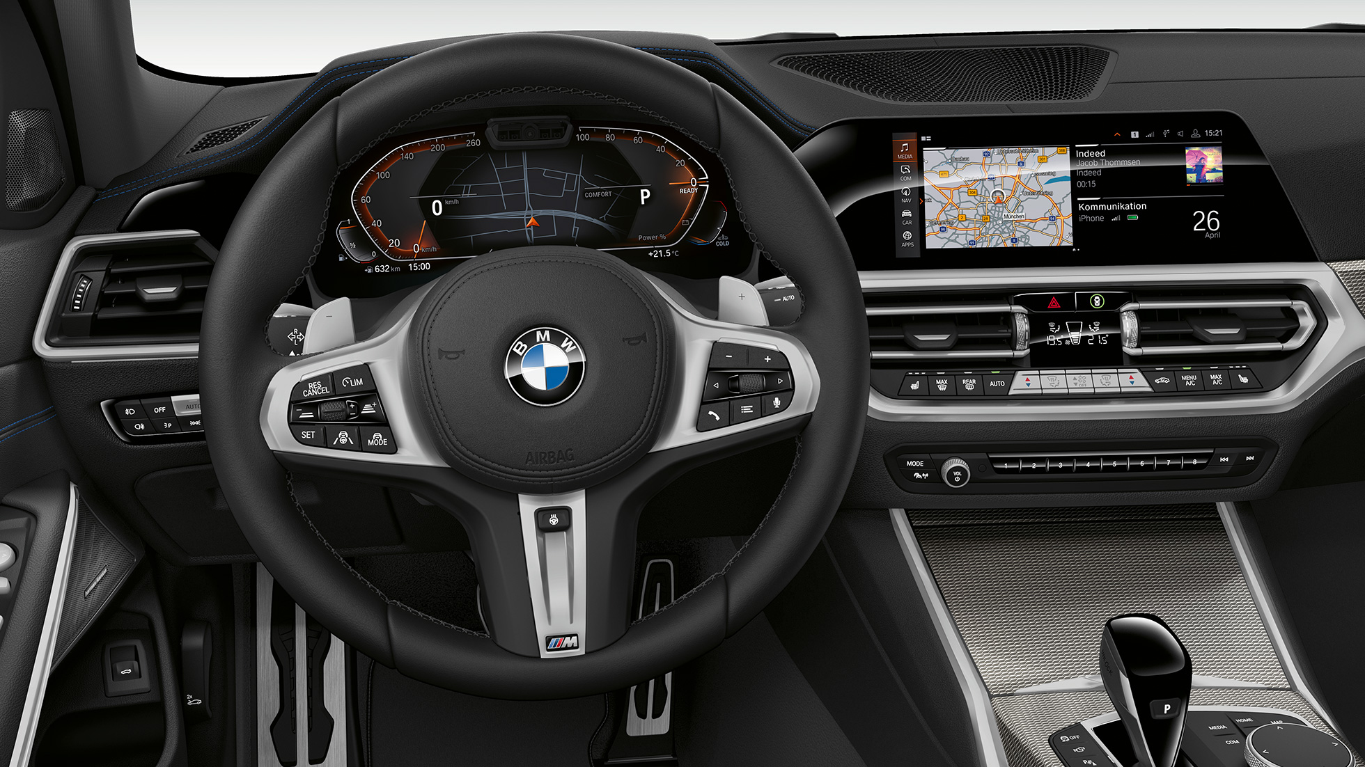 BMW 3 серии Седан, кабина Sport Line. Вид спереди на кабину водителя седана BMW 3 серии Sport Line крупным планом.