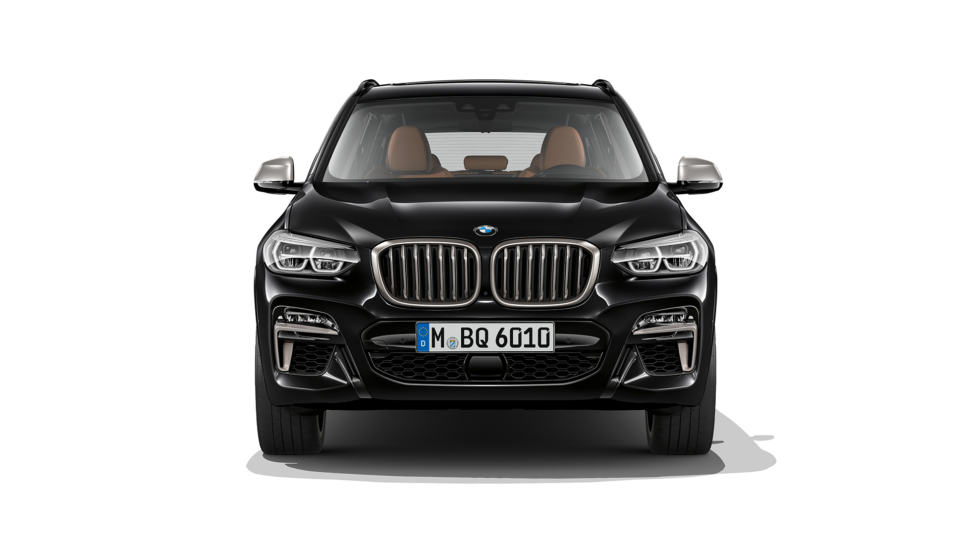 BMW X3 M40i and BMW X3 M40d, front view. BMW X3 M40i and BMW X3 M40d in Black Sapphire metallic, exterior, front view.