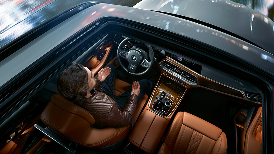 Shot of the BMW X5 interior taken from above through the Panorama glass roof