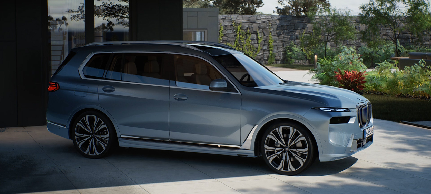 BMW X7 G07 LCI окраска кузова медно-серый металлик (Sparkling Copper Grey metallic), 7/8 вид сбоку BMW X7 G07 LCI окраска кузова медно-серый металлик (Sparkling Copper Grey metallic), 7/8 вид сбоку (в статике)